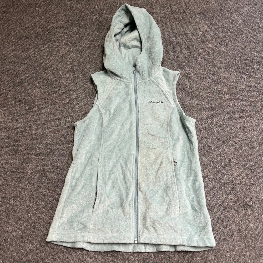 Columbia Vest Womens Size S Mint Green Fleece Full Zip Hooded Sleeveless Jacket
